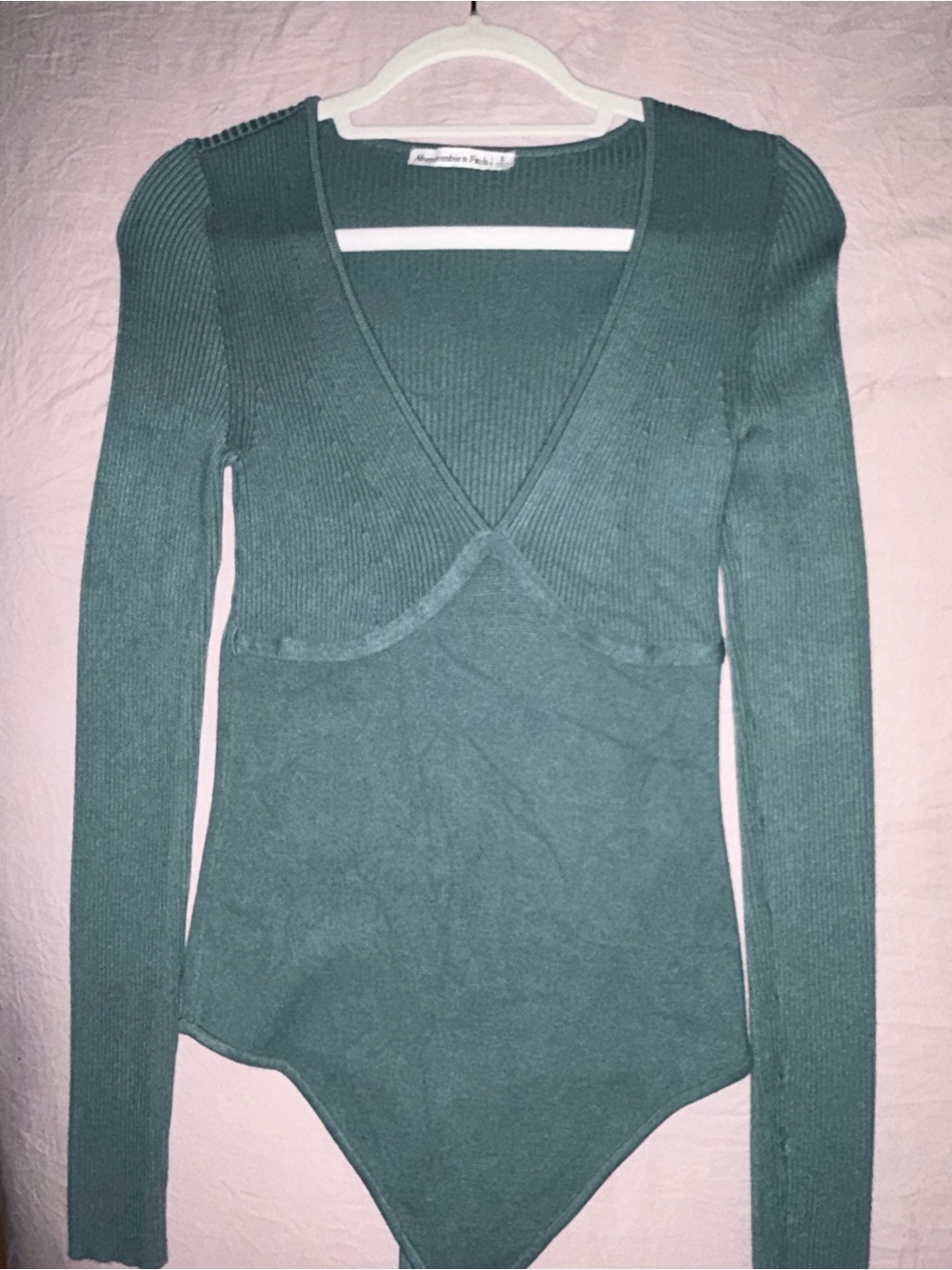 Abercrombie & Fitch Teal Green Ribbed V-Neck Long-Sleeve Bodysuit
